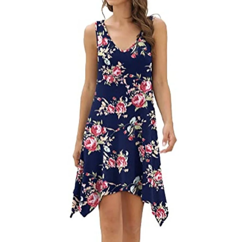

Spring Summer Dress Women Vintage Floral Print Irregular Hem Dresses 2021 V-neck Sleeveless Vest Dress Cover Up Beach Dress