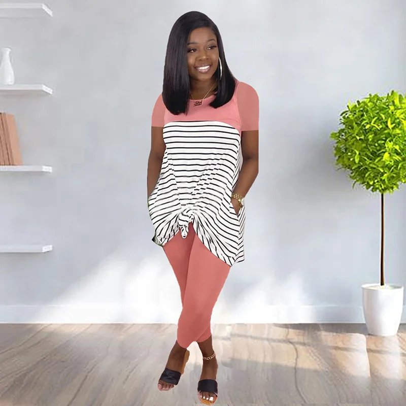 Casual Women Shirt Set Loose Stripe Long Crop Top + Pants Tracksuit Sportwear With Pocket Summer Clothes For Solid |