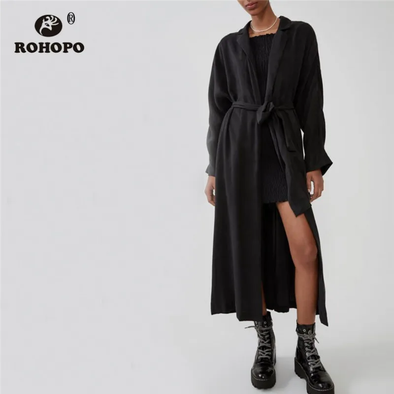 ROHOPO откладным воротником поясом черное Хлопковое платье миди Тренч сторона с
