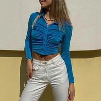 2021 blue sexy women crop top y2k casual ruched long sleeve turn down collar green t shirt fashion female tee vintage