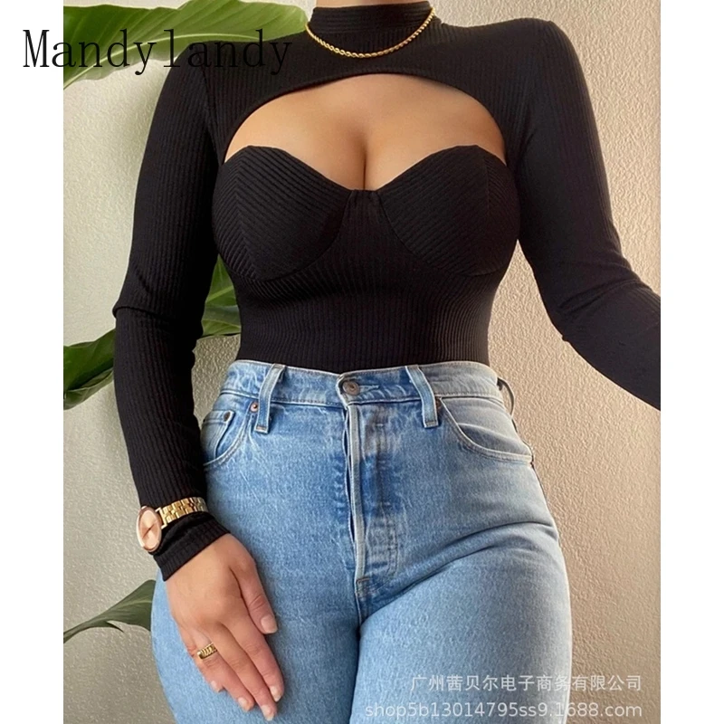 

Mandylandy T-shirt Autumn Fashion Long Sleeve O-Neck Solid Color T-shirt Top Women's Casual Hollow Out Slim Strapless T-shirt