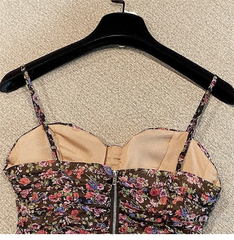 

Vintage Small Floral Print Strap Camisole Tank Women 2021 Summer New Korean Style Design Bowknot Lace Up Short Zipper Crop Top
