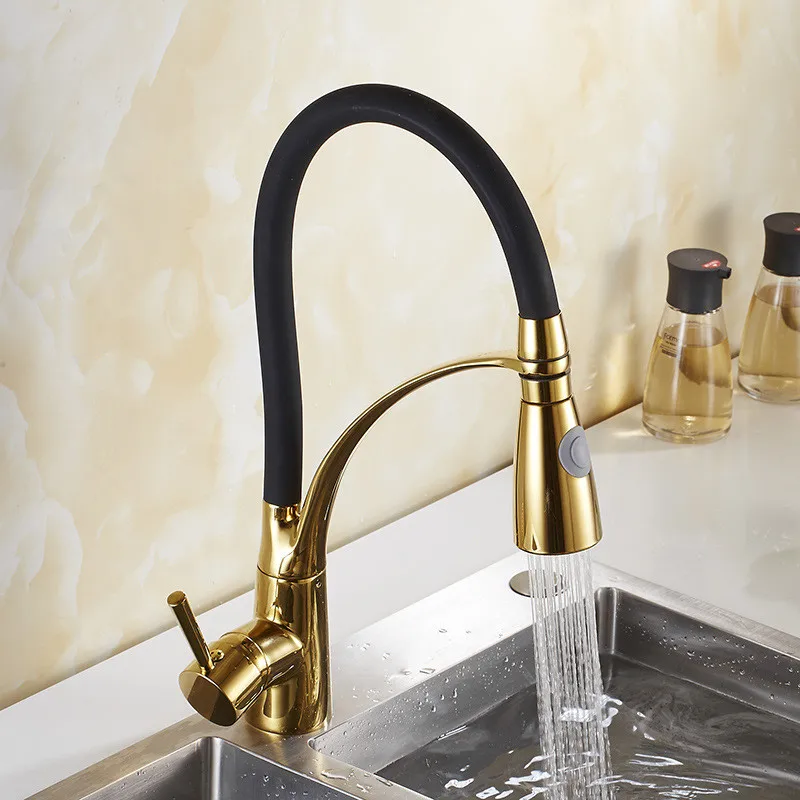 

Free Shipping Gold Rubber Finished Kitchen Faucet Mixer Tap 360 Degree Rotation Pull Down Stream Sprayer Taps Deck Mounted Brass