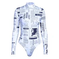 women long sleeves pullover top sexy skinny bodysuit vintage newspaper graphic letters printed turtleneck leotard party clubwear