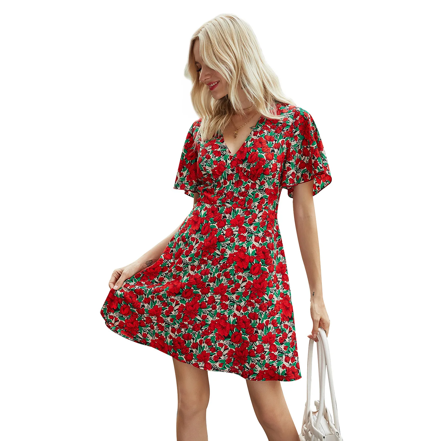 

New Products In Spring and Summer of 2021 Casual V-neck Red Short Sleeve Dress Elegant Street Clothes 100% Spandex Women's Dress