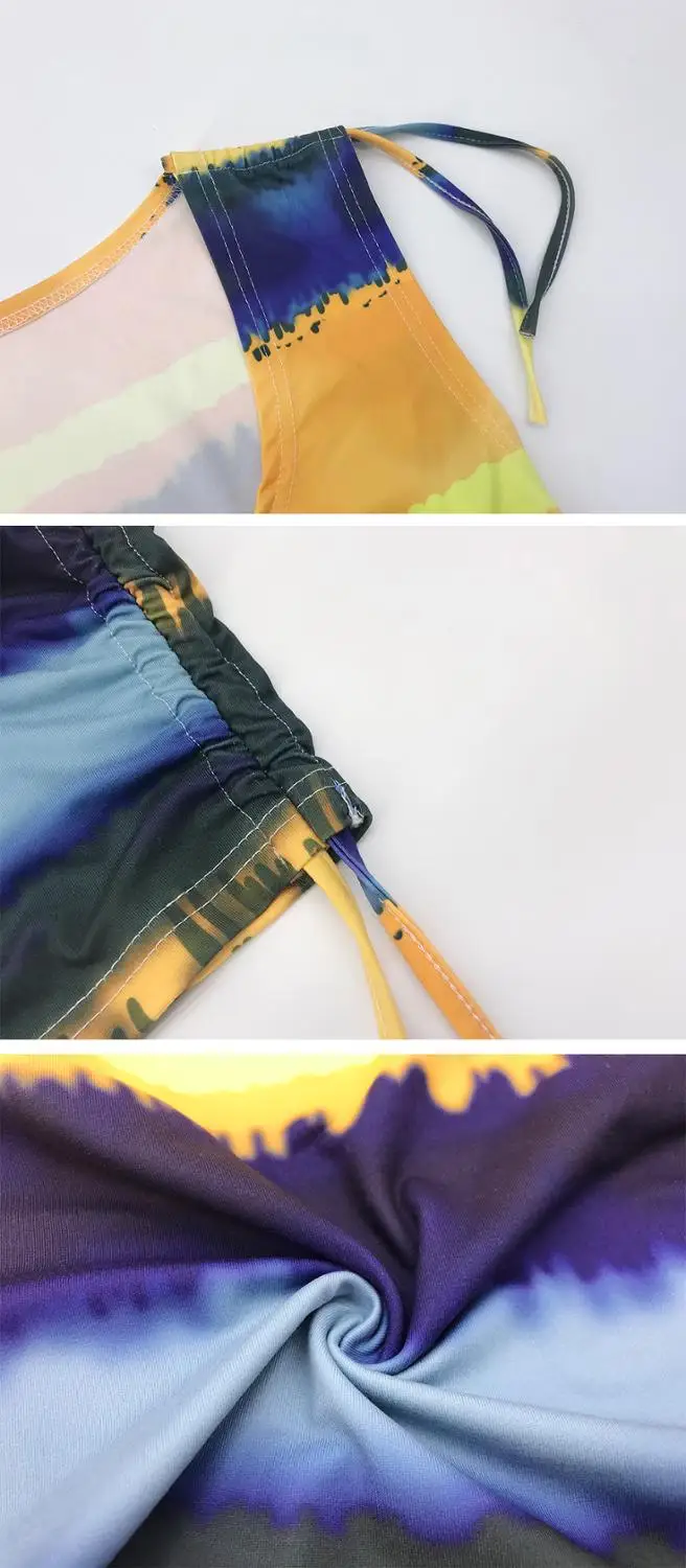 

Sexy Square Collar Sleeveless Dress Women Summer Tie-dye Print Bodycon Package Hip Mini Dress Drawstring Bandage Pencil Vestidos