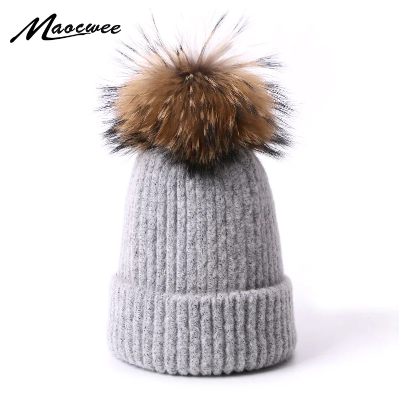 

100% Real Raccoon Fur Pompom Beanie Hat For Women Winter Outdoor Knitted Wool Warm Thick Ski Caps Fashion Solid Color Bonnet Hat