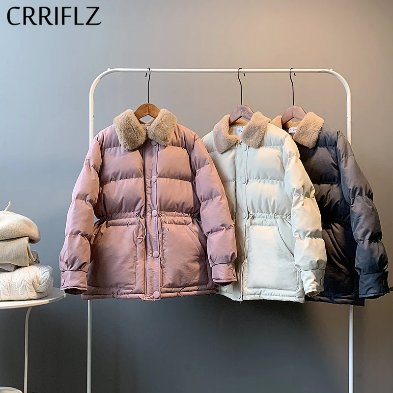 

CRRIFLZ зимняя куртка-пуховик женский меховой воротник короткая парка Повседневная регулируемой талией тонкие шикарные пальто 2020 Новый