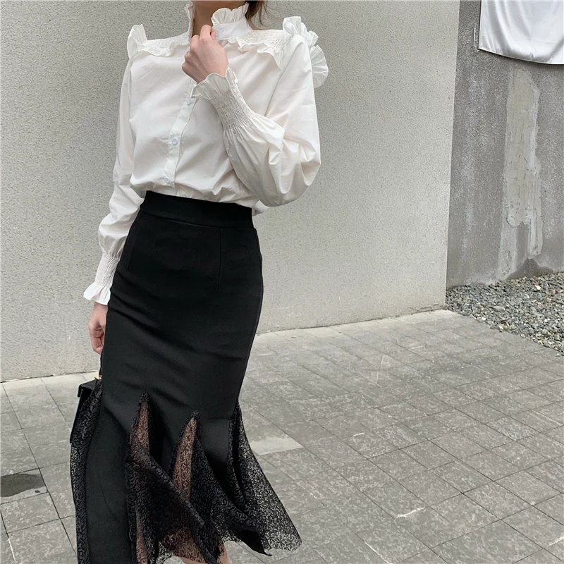 

Kimotimo Women White Shirts 2021 Summer Design Retro Temperament Tops Korean Chic Stand-up Collar Flare Sleeve Ruffles Blouse