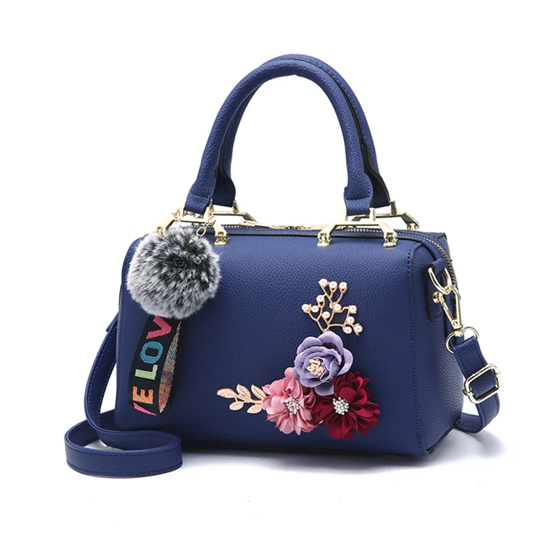 

Fashion PU Leather Handbag Femme Rivets Fur Ball Pendant Designer Women Bag Flowers Shell Crossbody Shoulder Bag for Women