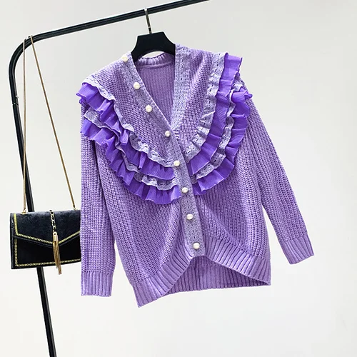 purple cardigan Woherb свитер с v-образным вырезом женский кружевной кардиган с оборками в стиле пэчворк пальто корейские Модные Топы Верхняя одежда Sueter Mujer 90763 - Цвет: purple cardigan