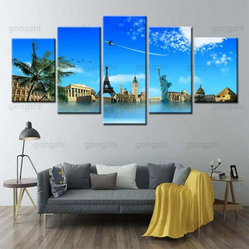 

World Famous Architectural Wall Painting Statue of Liberty Eiffel Tower Big Ben Hd Home Decoration Frameless Printing Poster