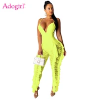 adogirl women ruffles sheer lace patchwork jumpsuit deep v neck spaghetti straps backless slim romper club overalls bodysuits