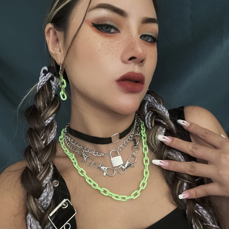 

Punk geometric lock mix necklace hip-hop street gothic fluorescent hollow chain necklace necklace for women jewelry