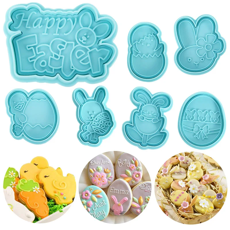 

4Pcs DIY Happy Easter Bunny Egg Plastic Baking Mold Kitchen Biscuit Cookie Cutter Pastry Plunger 3D Fondant Cake Decorating Tool