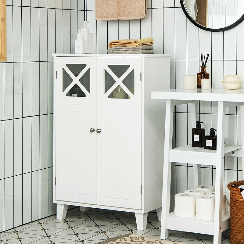 

Wooden Freestanding Storage Cabinet with Visible Windows Adjustable Shelf Massive Anti-tipping Design Living Room Cabinets