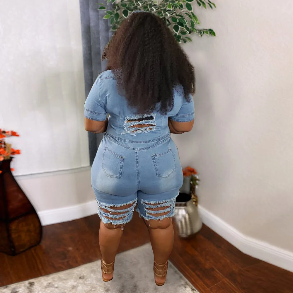 

5XL Plus Size One-piece Sexy Ripped Skinny Denim XXXXXL Jeans Jumpsuit Pants Shorts for 100KGS Fat Women Girls Summer Clothing