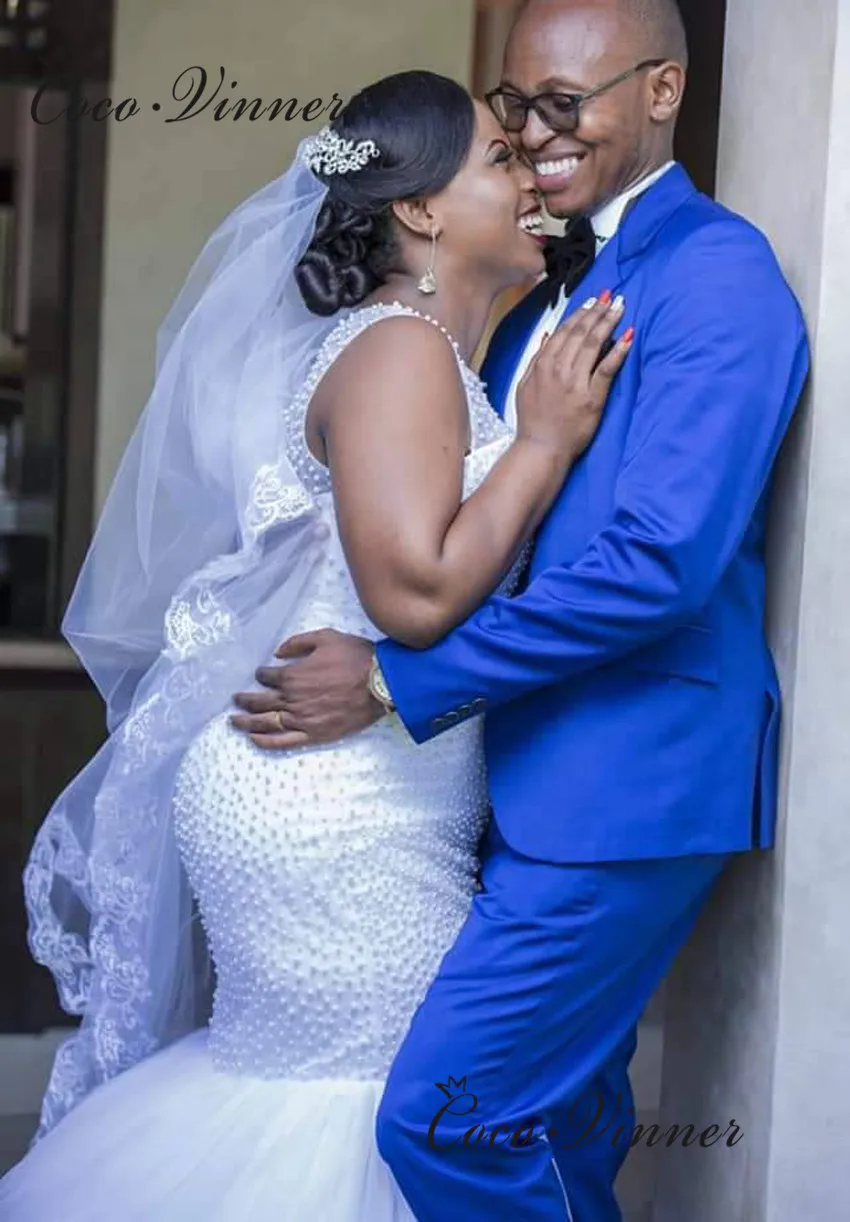 

O Neck Sleevesless Wedding Dress Mermaid Style Pearls Beaded Plus Size Wedding Gown Pure White Wedding Party Dress Africa W0804