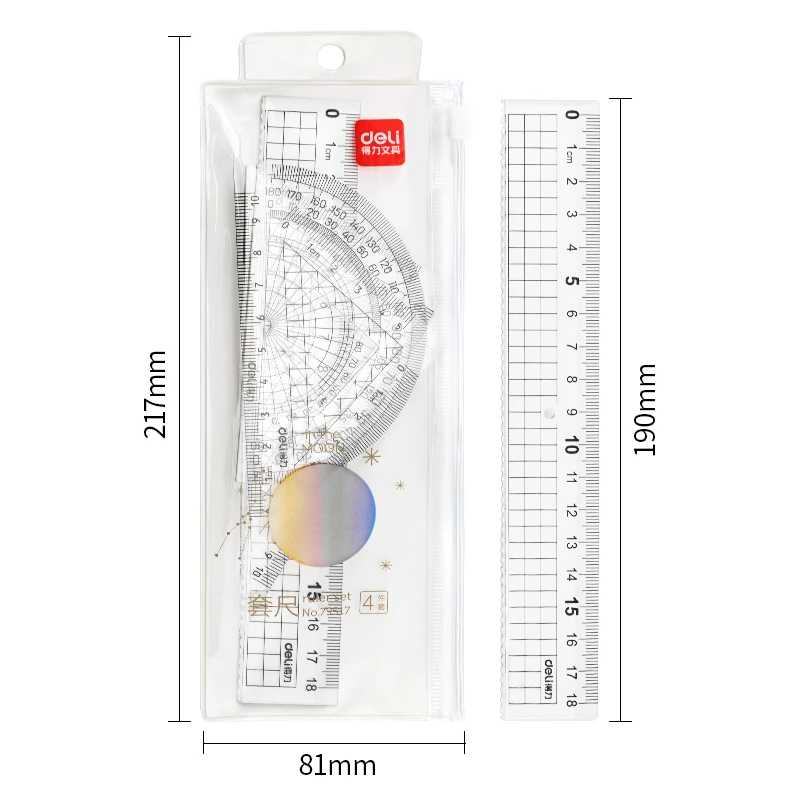 

4 pieces / set Deli 79517 Sun Moon Star multi function drawing combination ruler + triangle ruler + protractor, student supplies