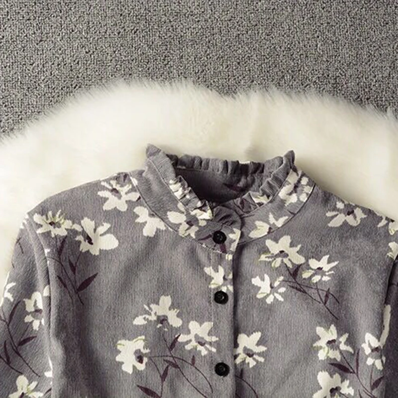 Autumn Winter Women Sweet Corduroy Dress Stand Collar Pleated Print Long Sleeve Femininos Vestidos Mori Girl Elegant L1071 | Женская