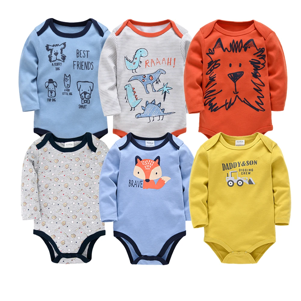 

2021 Baby Boy Rompers Full Sleeve 100% Cotton Jumpsuit O-neck Cartoon Print 0-3m Infant 3 6 Pcs/lot Clothing