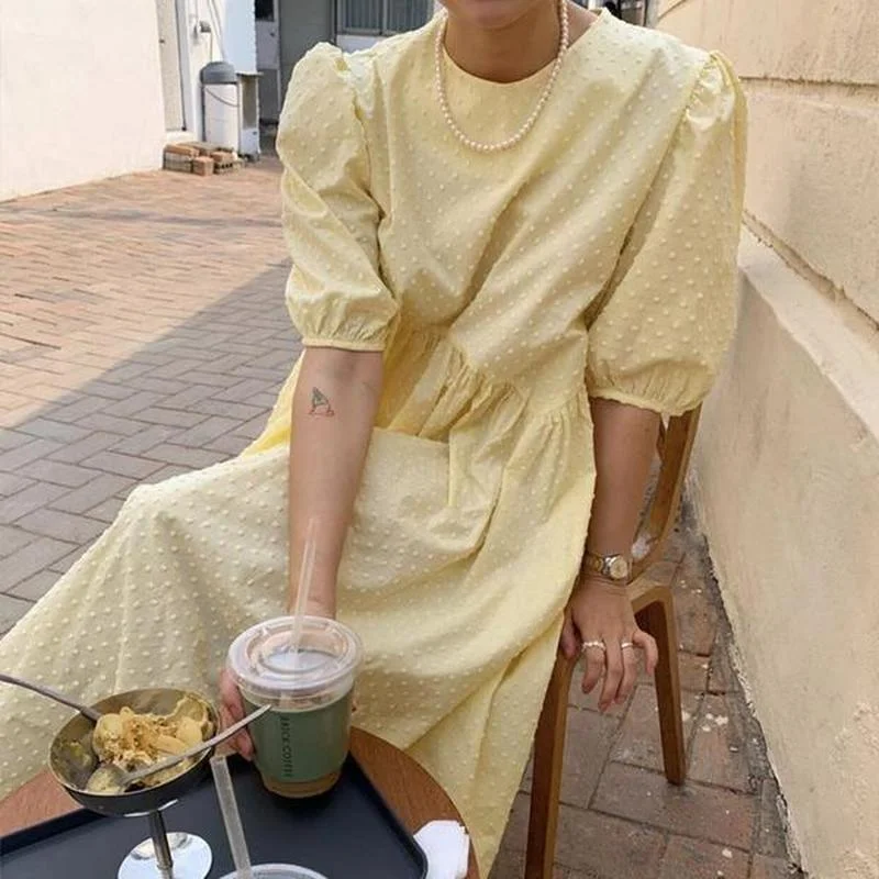 

Spring Summer Long Dress Women 2021 Vintage Puff-Sleeve Loose Plus Size Dress Elegant O-Neck Solid Party Dresses Vestidos 9941