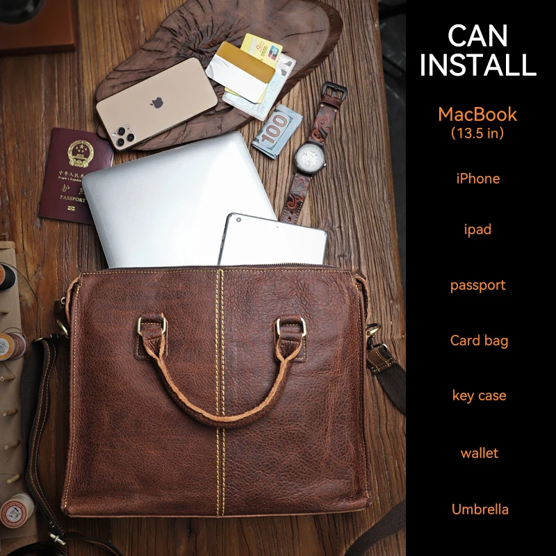 Men Briefcase Genuine Leather Laptop Bag 13.5