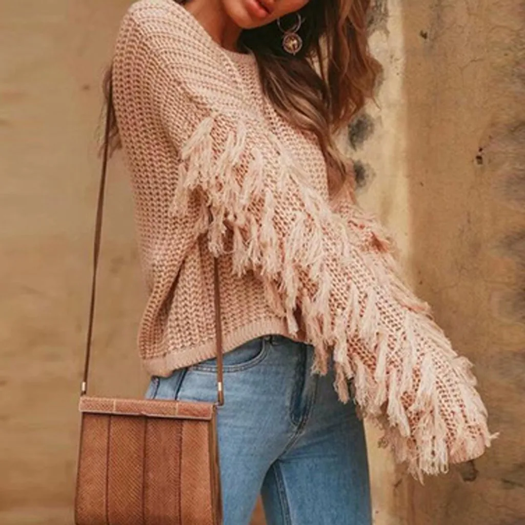 Винтажный свитер с круглым вырезом и кисточками женская уличная одежда длинным
