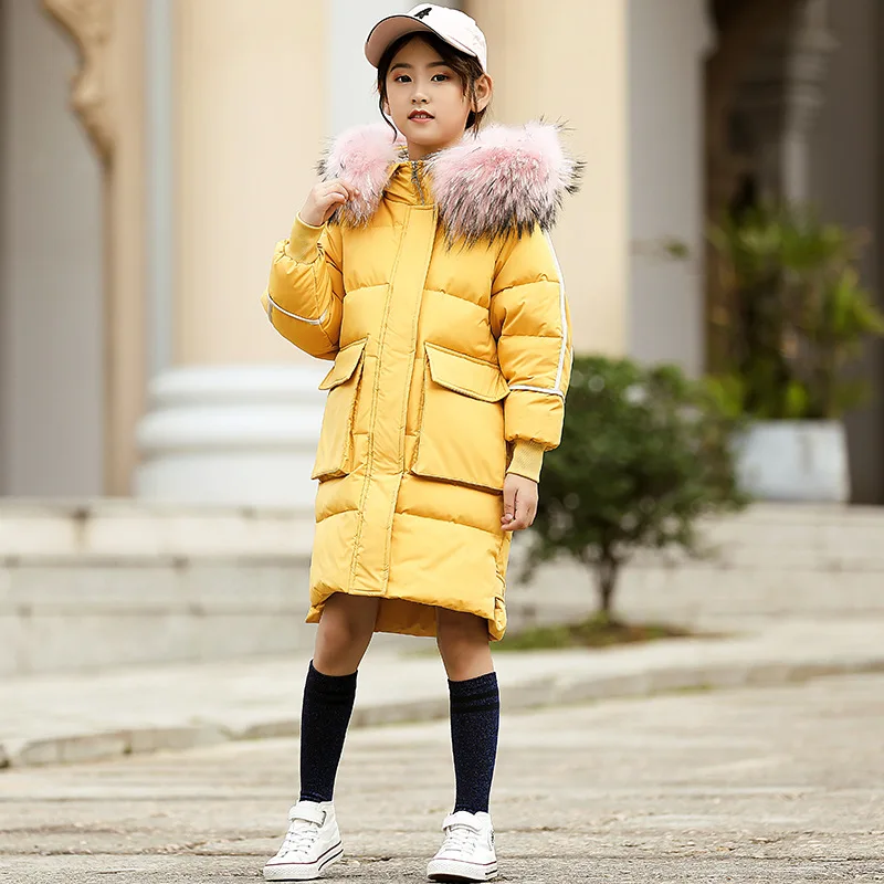 

Winter Thicken Warm Girls Down Jackets Loose Casual Teen Girls Long Coats Faux Fur Hooded Children Outwear Clothing 5-13T