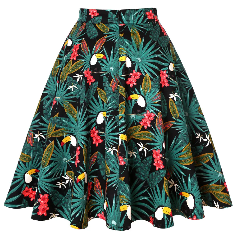 2021 Toucan Palm Flower Women Flare Vintage Retro Skirt Floral School jupe femme Skirts Womens Plus Size Black | Женская одежда