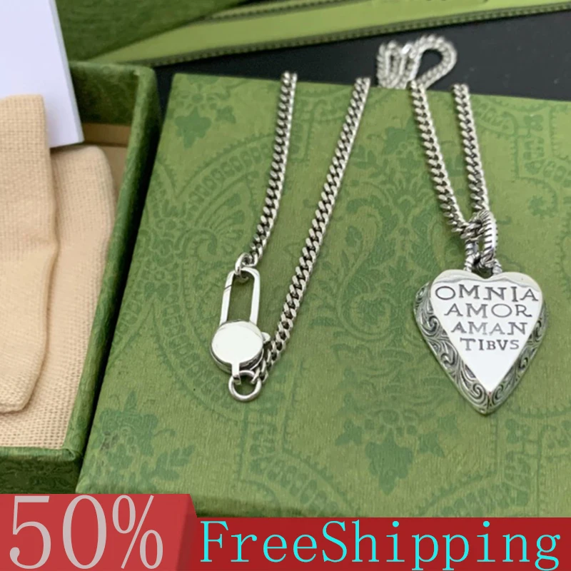 

Ag925 Sterling Silver Necklace Heart-shaped Lettering Retro High Quality Luxury Brand Original Women Men's Necklaces Gift
