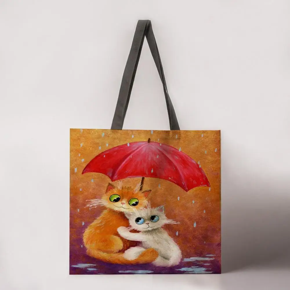

Cat and Umbrella Printed Tote Bag Ladies Linen Bag Ladies Shoulder Bag Outdoor Leisure Handbag Foldable Shopping Bag