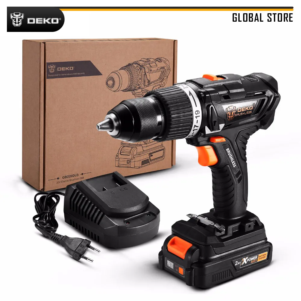 DEKO GBD20DU3 20V MAX 2 Speed Brushless Impact Cordless Drill Lithium-Ion Battery Electric Screwdriver for Woodworking Home DIY