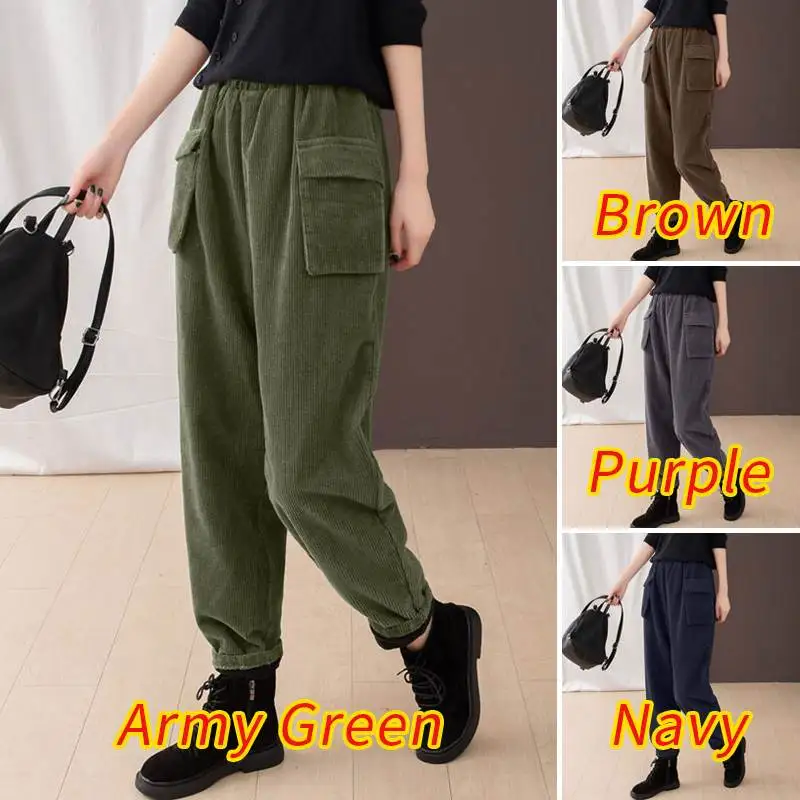 

Vintage Corduroy Trousers Women's Solid Harem Pants ZANZEA 2021 Casual Elastic Waist Long Pantalon Palazzo Female Solid Turnip 7