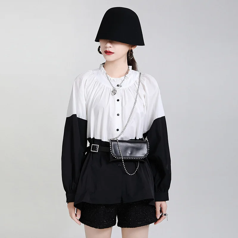 

Stand Collar Cardigan Medium Blouse Tees 2021 Spring Black White Color Matching Single Breasted Loose Long Sleeve