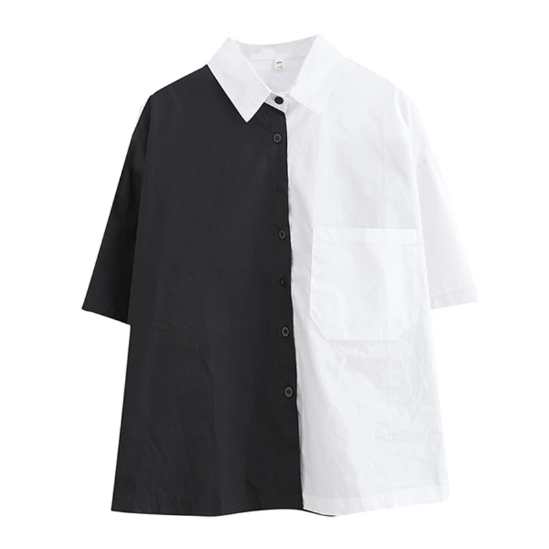 

BIG SIZE 4XL Summer Women Fashion Elegant Color Block Tops Ladies Female Plus Large Short Sleeve Loose Cotton Blouse Shirt