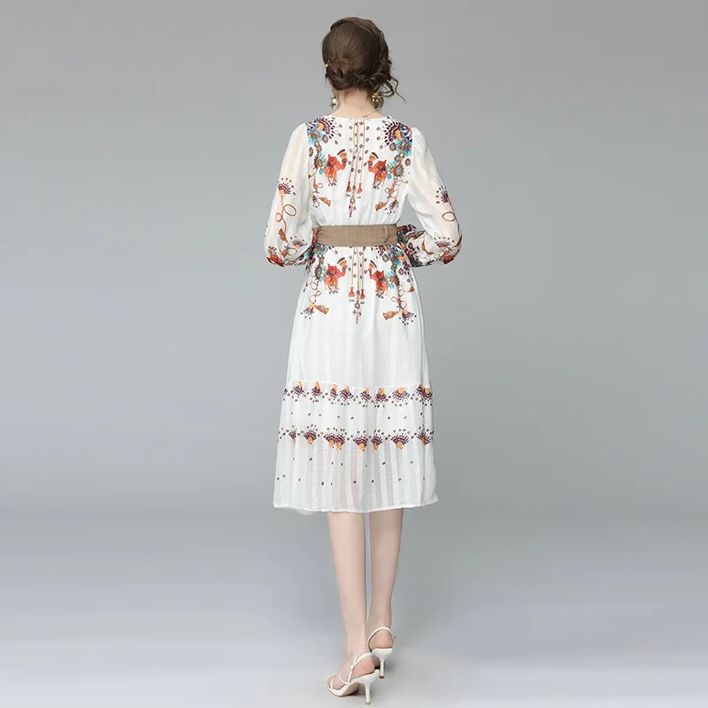 

Sweet Dress 2021 Spring/Summer Vacation Style Round Neck Full Sleeve Printed Chiffon Dress Elastic Waist Slim Temperament Dress