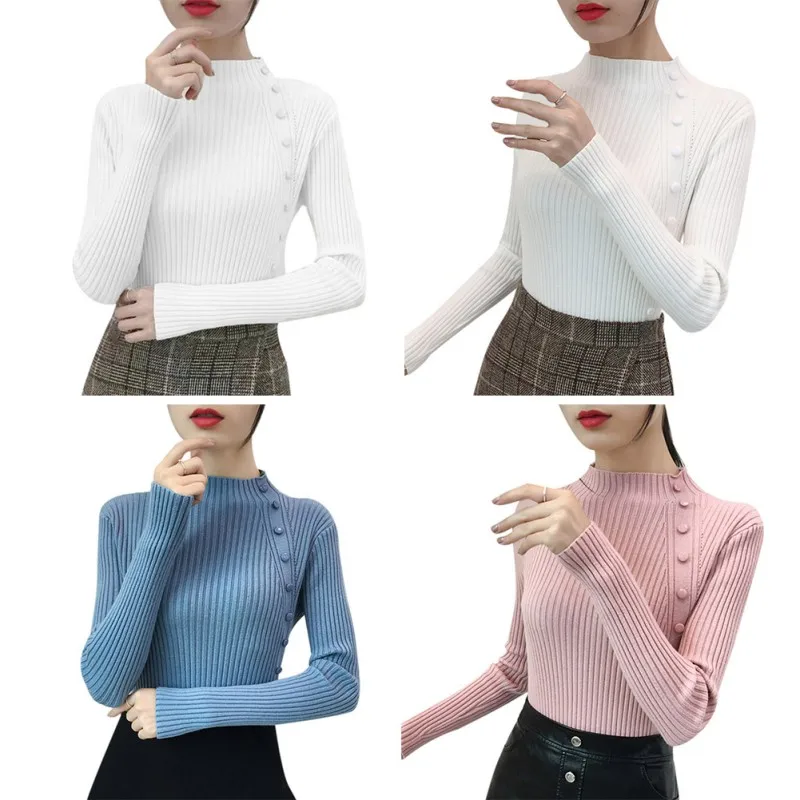 

Autumn Winter Women Knitted Half-high Collar Sweaters Long Sleeve Knitwear Korean Harajuku White Yellow Jumpers Fall 2019 2020