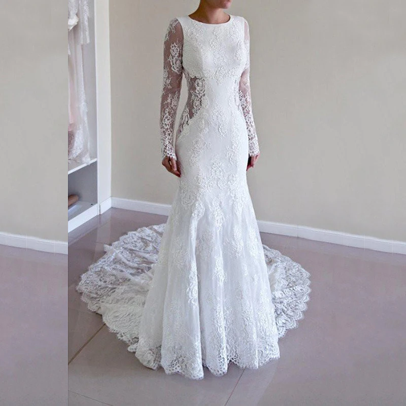

Unique Designer White Mermaid Lace Long Sleeve Wedding Dresses for Bride Backless Jewel Neck Bridal Wedding Gowns Illusion Waist