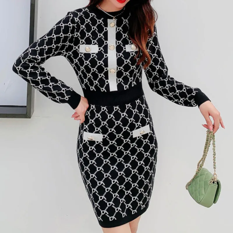 

Женское трикотажное платье выше колена, классическое клетчатое винтажное платье на пуговицах, с длинным рукавом, Осень-зима