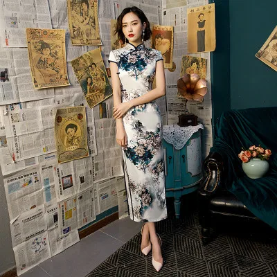 5502-flower qipao 13 цветов плюс размер 4XL китайские платья Чонсам современное длинное женское шелковое платье Ципао в китайском стиле элегантное традиционное платье - Цвет: 5502-flower qipao
