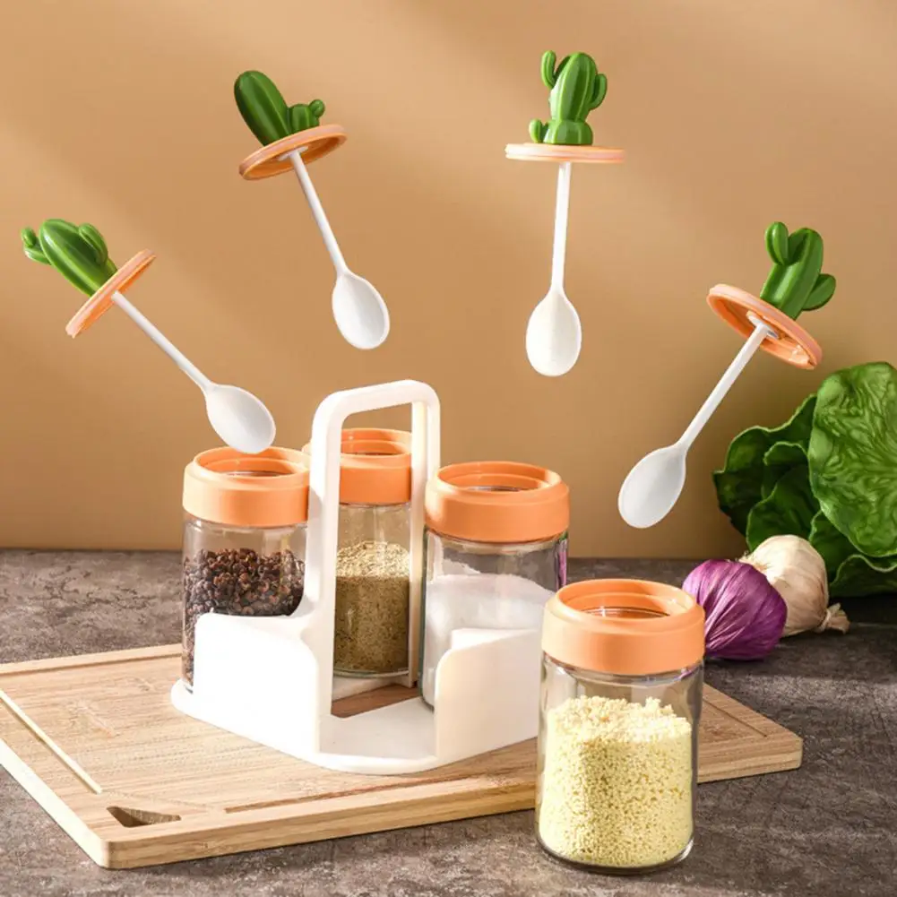 

Creative Cactus Handle Shape Kitchen Spice Jar Moisture-proof Food-grade Glass Spoon Cap Condiment Bottle Glass Seasoning Box