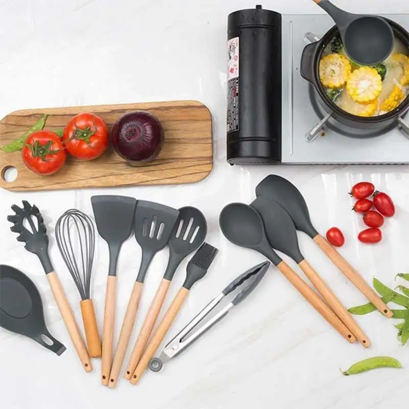 

Wooden handle silicone kitchenware set non-stick cookware cooking tool spatula spoon kitchen utensils