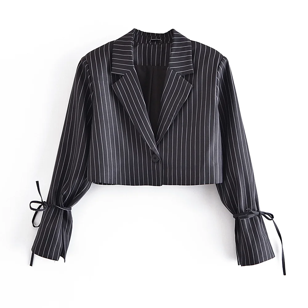 Za 2021 Women Office Lady Striped Blazer Long Sleeve V Neck Bow Tie Short Jackets Streetwear Autumn Women Outwears
