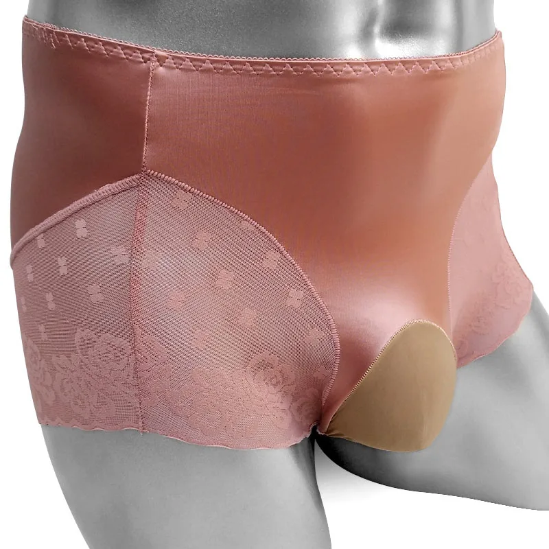 Sexy Men Boxers Underwear With Penis Pouch Lace Satin Shiny Sissy Lingerie Panties Underpants