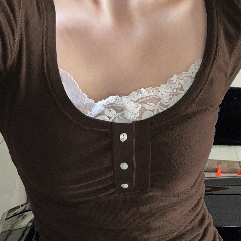 Винтажные кружевные лоскутные милые хлопковые футболки Женская Модная