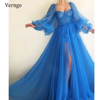 verngo elegant blue tulle a line prom dresses puff long sleeves sweetheart boning fitted corset black apple green evening gowns
