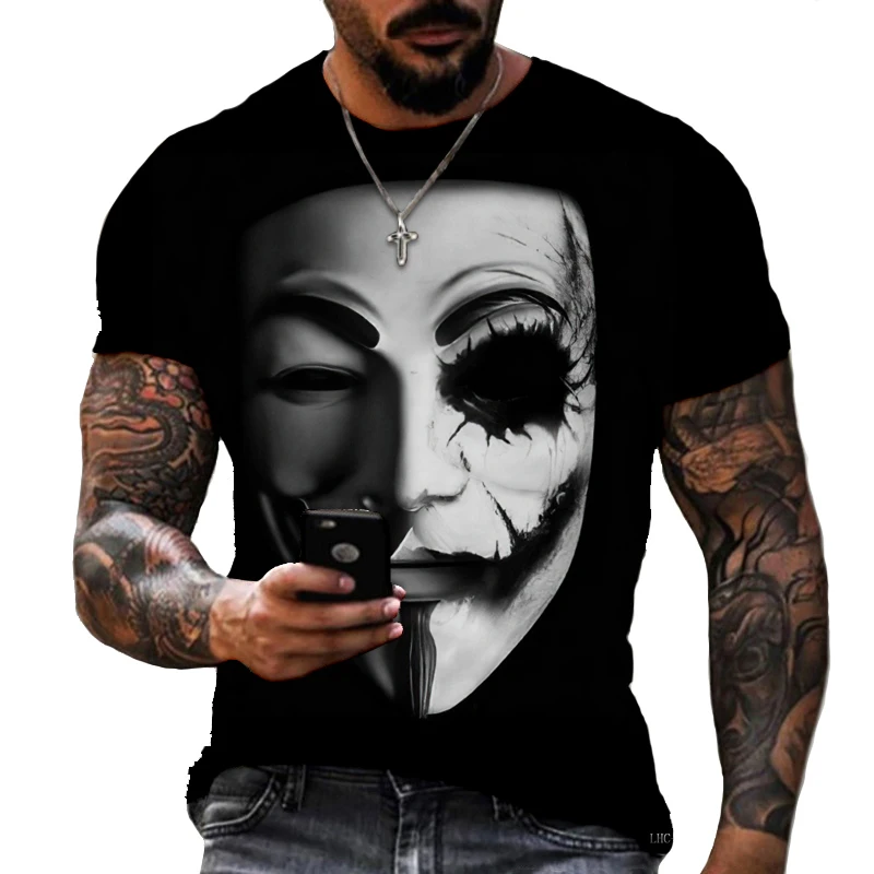 

Men's T-shirt Horror Clown Mask 3D Printing Men's Casual Round Neck Weird Dark Fashion Personality Unique Top