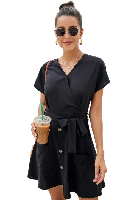 

Women 's Commuting Wear 2020 Summer Loose Short Sleeve Round Neck Pure Color Tied Dress