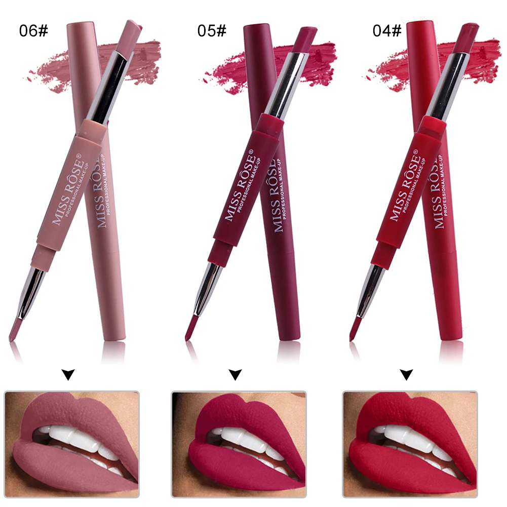 Матовая губная помада MISS ROSE 2 в 1 подводка для губ нюдовая макияжа водостойкая